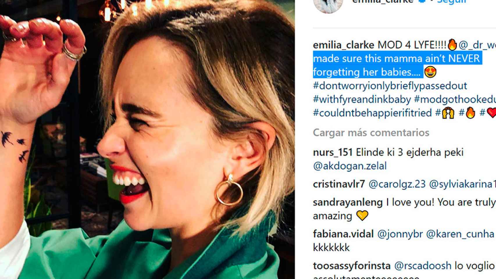 Emilia Clarke con los dragones de 'Juego de Tronos' tatuados en su muñeca