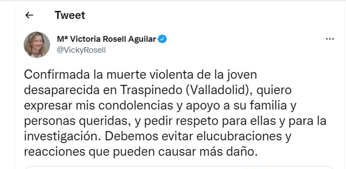 Tuit de Victoria Rosell, delegada del Gobierno contra la Violencia de Género