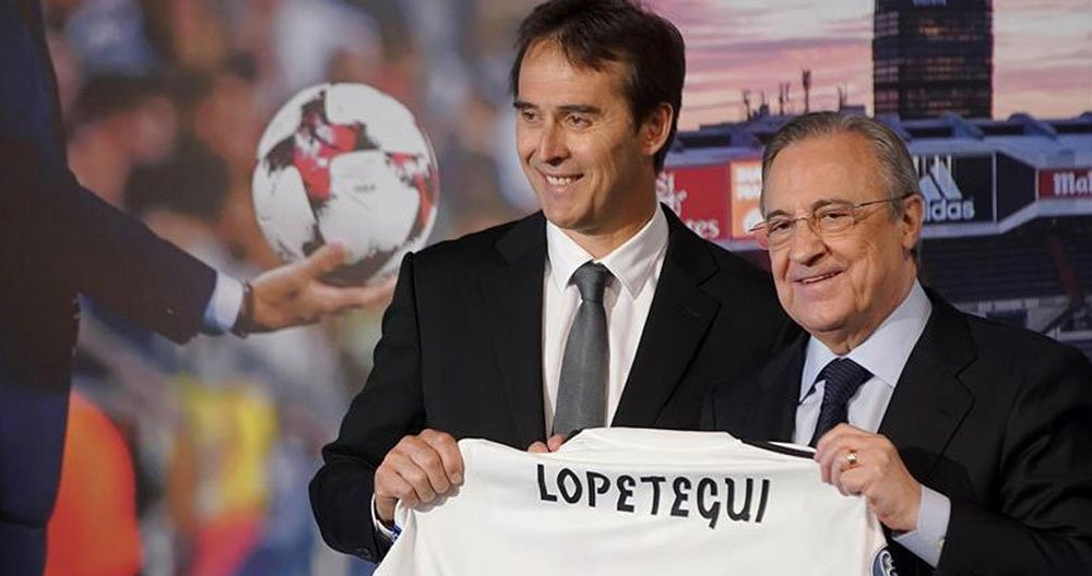 Florentino Pérez durante la presentación de Lopetegui como entrenador del Real Madrid / EFE