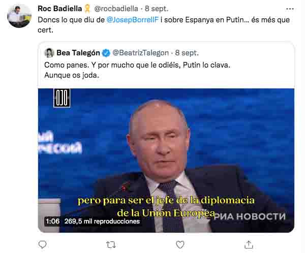 Roc Badiella se posiciona con Vladimir Putin contra Josep Borrell
