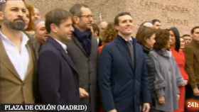 Santiago Abascal, Pablo Casado y Albert Rivera al final de la concentración de Colón / TVE