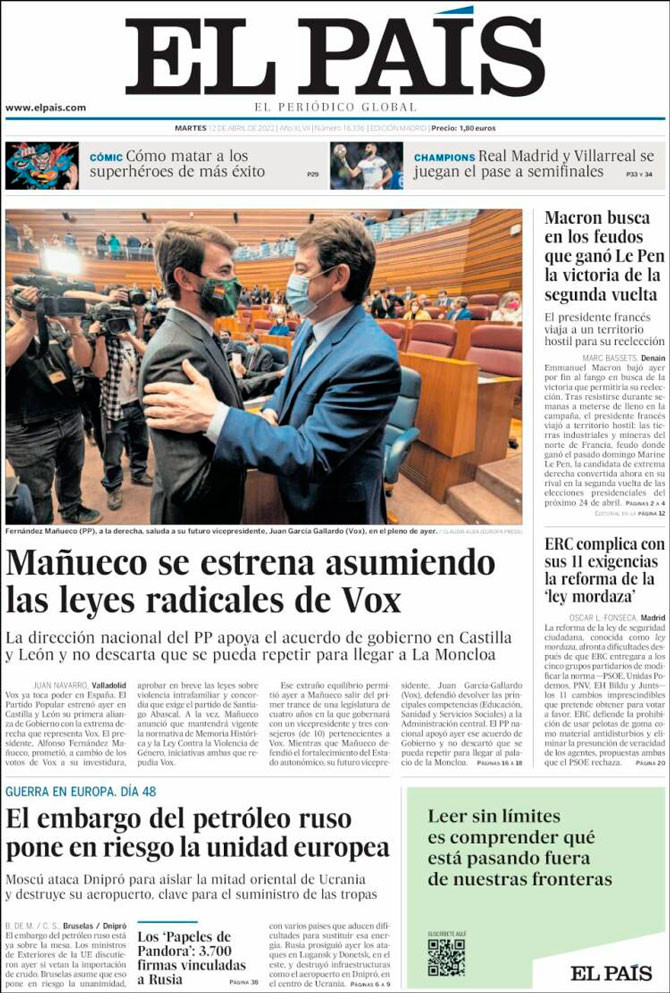 Portada de 'El País' del 12 de abril de 2022 / Kiosko