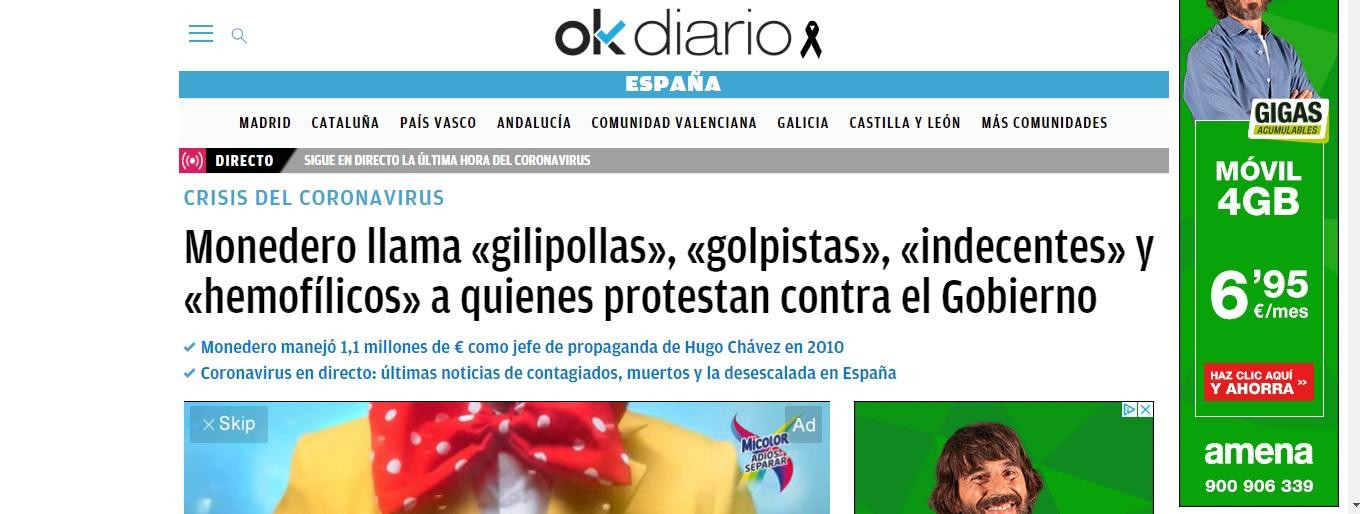 Noticia de 'Ok Diario' del 18 de mayo de 2020