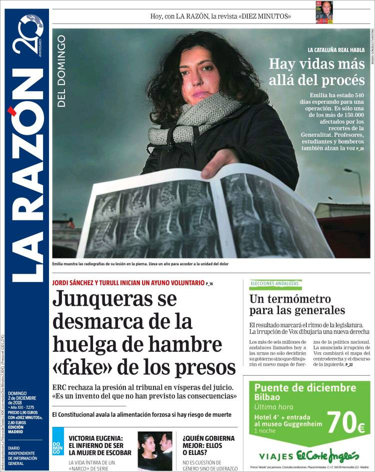 Portada de 'La Razón' de este domingo