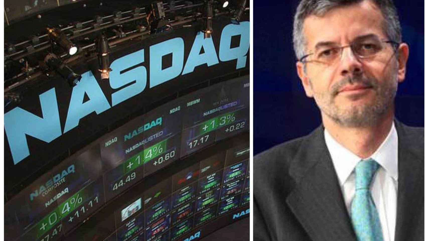 Santiago Seage, consejero delegado de Atlantica, junto al logo del Nasdaq, el mercado en el que cotiza / EP