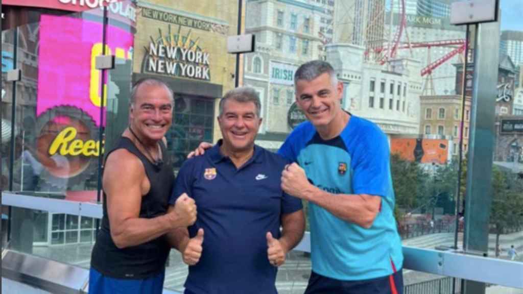 Laporta, Rafa Yuste y Enric Masip, haciendo deporte durante la gira por EEUU / FCB