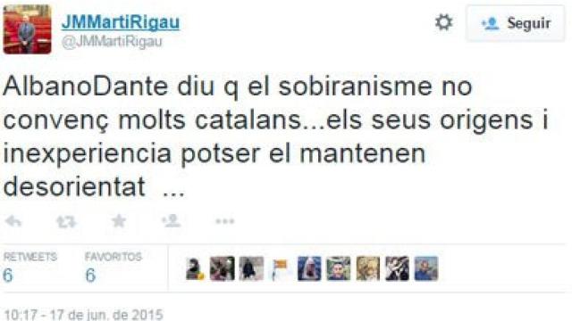 Tuit de Josep Maria Martí Rigau, cronista de TV3 en el Parlamento autonómico