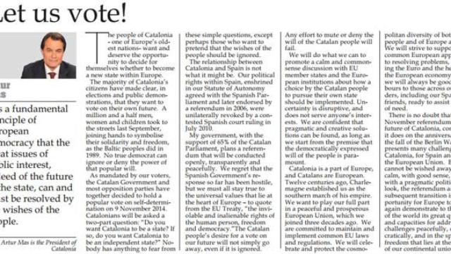 Artículo de Artur Mas publicado este mes en 'The Malta Independent' y en otros cinco diarios de Bélgica, Bulgaria, Croacia, Chipre y Estonia, en el que defiende la celebración del referéndum para la secesión de Cataluña