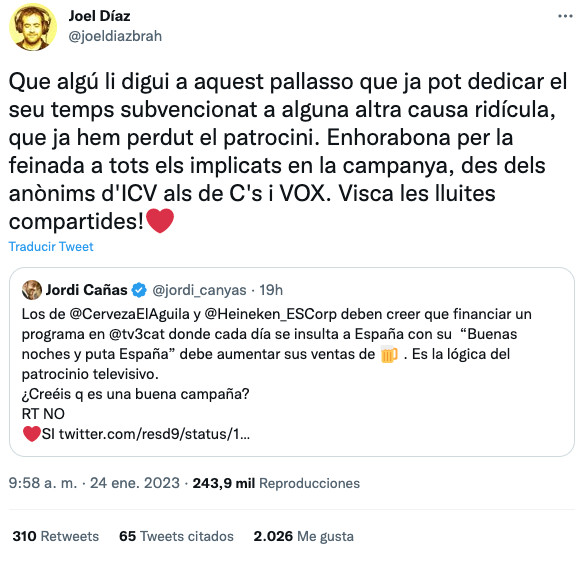 Joel Díaz, explicando la pérdida de patrocinio de cerveza El Águila / TWITTER