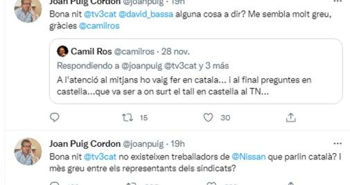 Joan Puig, quejándose de TV3 por sacar intervenciones en castellano / TWITTER