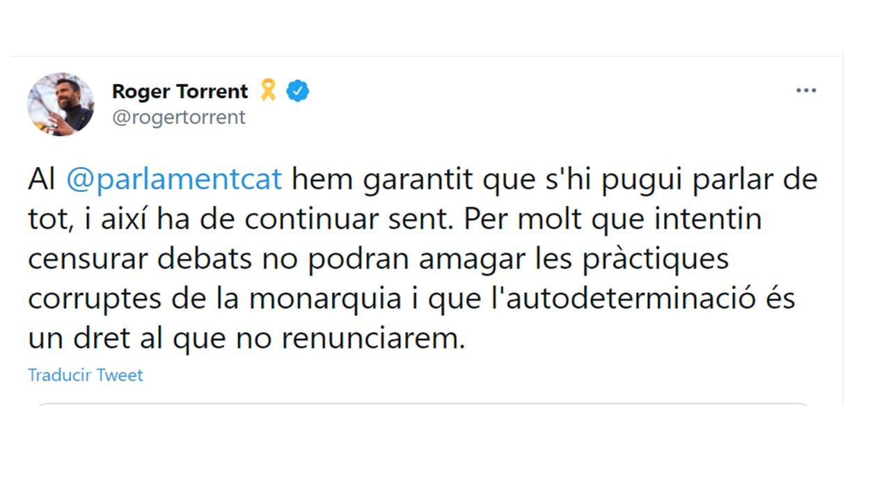 Tweet publicado por Roger Torrent en su cuenta personal / TWITTER