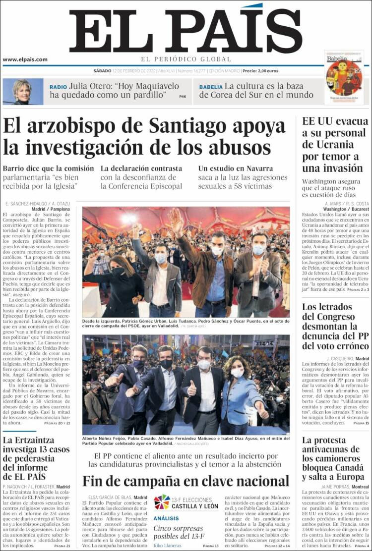 Portada de 'El País' del 12 de febrero de 2022 / EL PAÍS