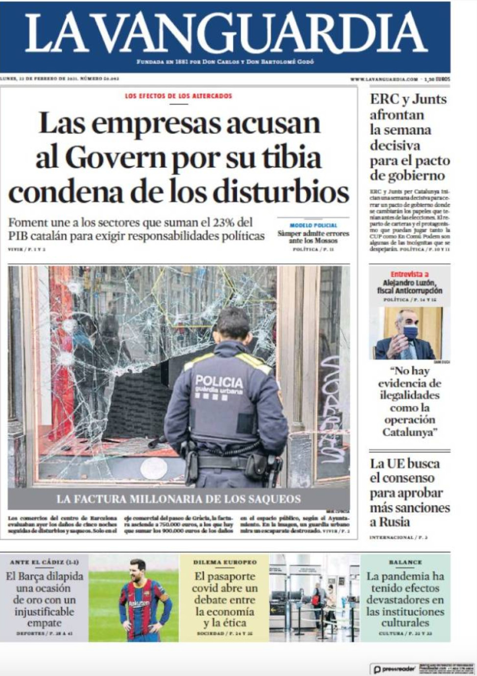 Portada de 'La Vanguardia' del lunes 22 de enero de 2021 / KIOSKO.NET