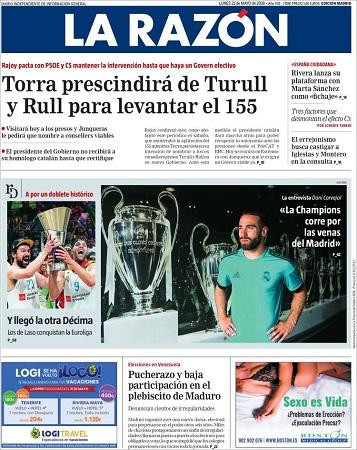 Portada de 'La Razón' del 21 de mayo de 2018