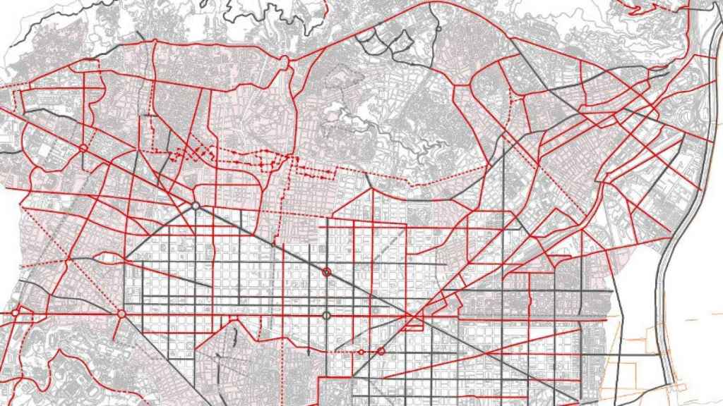 Detalle del mapa de nuevo carril bici proyectado por el Ayuntamiento de Barcelona.