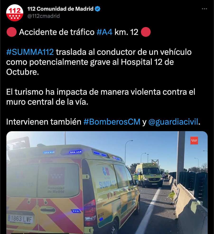 Un herido grave en un accidente en la A-4 / SUMMA