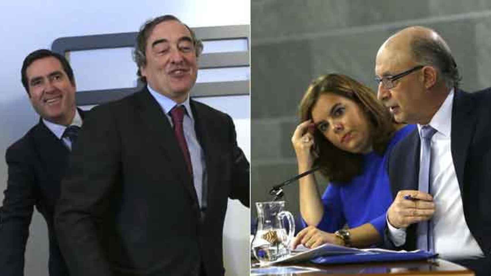 Joan Rosell (d) y Antonio Garamendi (i), presidente de CEOE y de Cepyme en la imagen de la izquierda; y Soraya Sánez de Santamaría (i) y Cristónal Montoro (d) en la de la derecha / FOTOMONTAJE DE CG