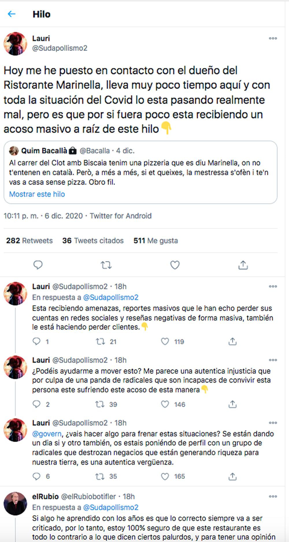 Los mensajes de una usuaria relatando el acoso a Restaurante Marinella / CG