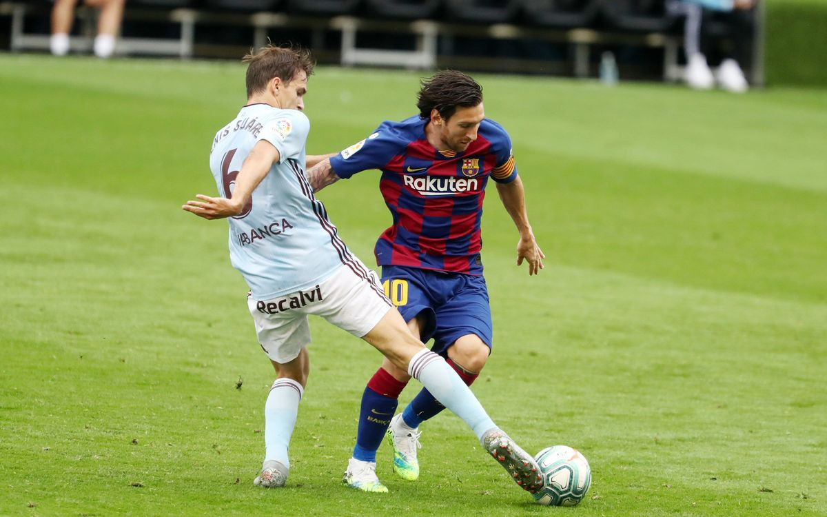 Denis Suárez entrando a Leo Messi en un Celta-Barça / FC Barcelona