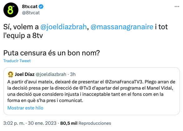 8TV, ofreciéndose a fichar al programa Zona Franca de TV3 / @8TV (TWITTER)