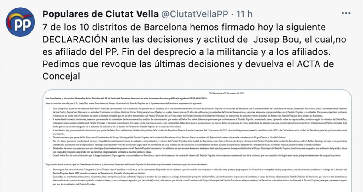 Tuit de un distrito del PP en el que se informa del escrito / PP