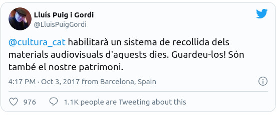 Lluís Puig, animando a la ciudadanía a conservar y proporcionar a la Consejería de Cultura de la Generalitat materiales audiovisuales del 1-O