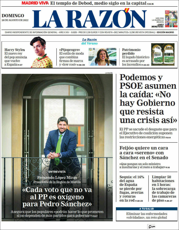 Portada de 'La Razón' del 28 de agosto de 2022