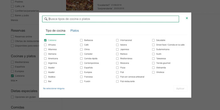 Una captura de pantalla de la web de TripAdvisor con la opción 'cocina catalana'