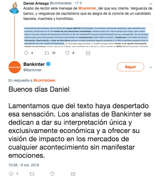 Respuesta de Bankinter a la queja de un cliente