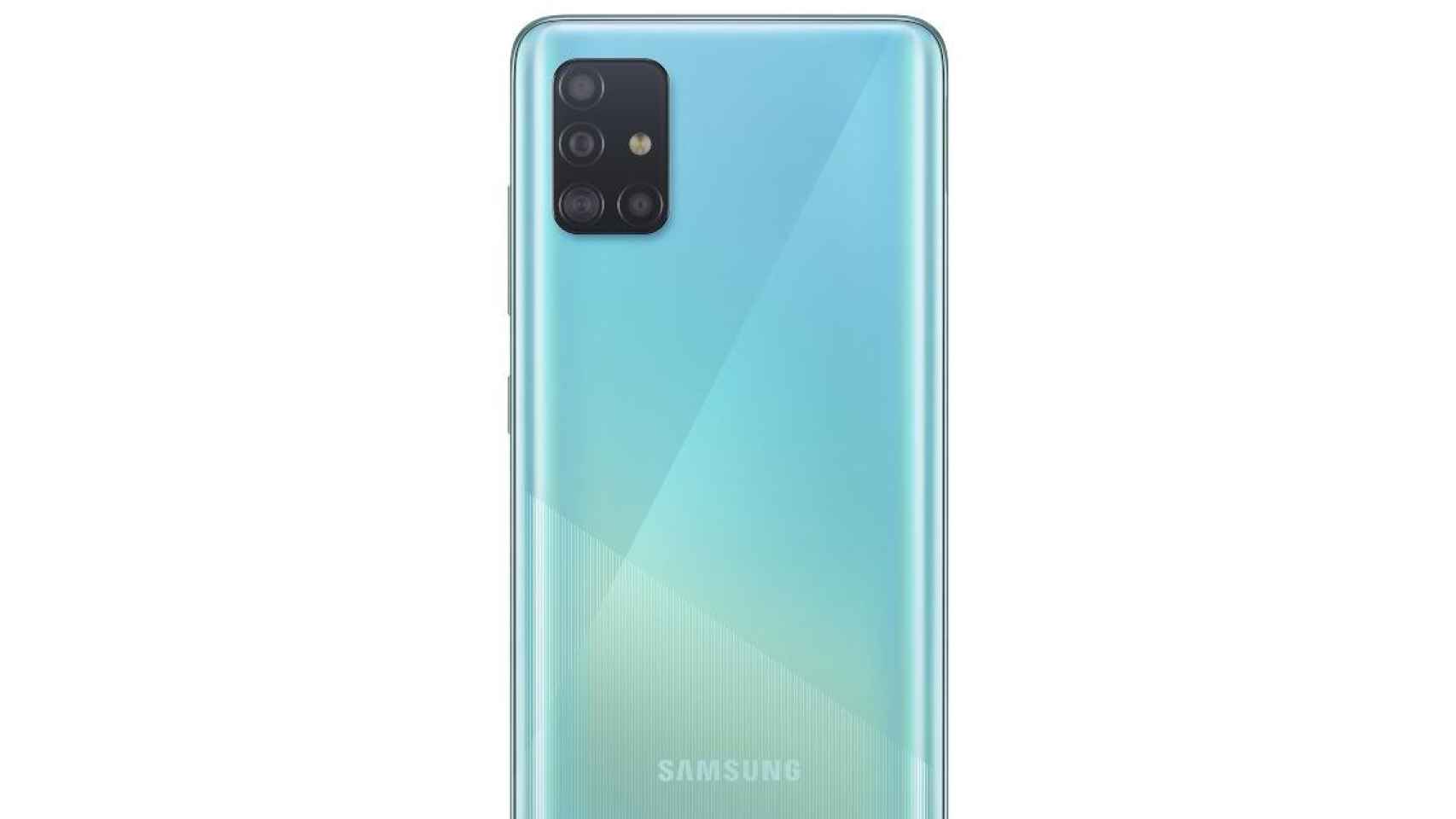 El teléfono Galaxy A51, en color azul, de Samsung