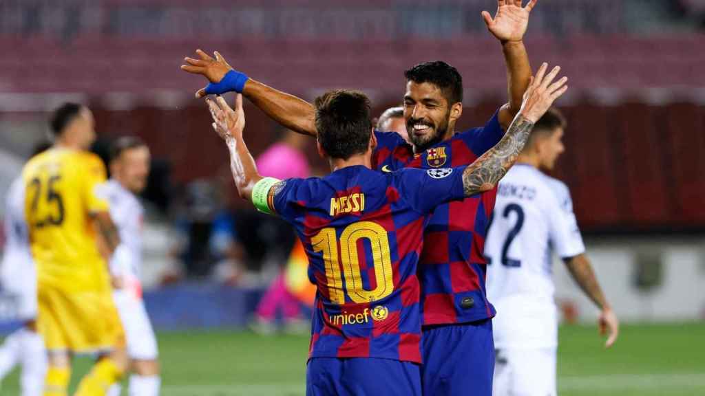 Leo Messi y Luis Suárez celebrando un gol del Barça contra el Nápoles