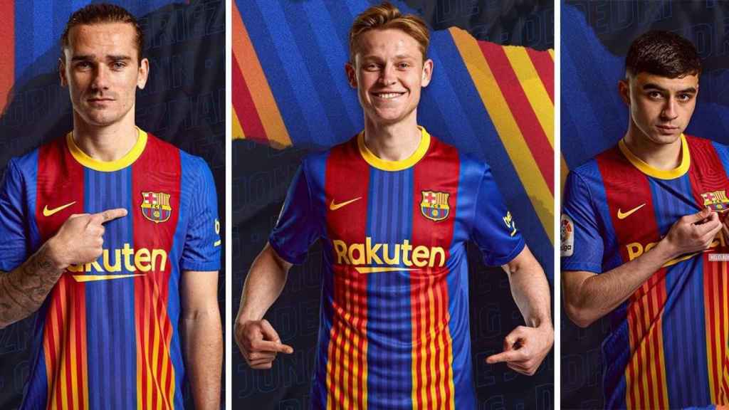 Antoine Griezmann, Frenkie De Jong y Pedri Gonzalez con la camiseta especial del Barça para el clásico en un fotomontaje / CULEMANÍA