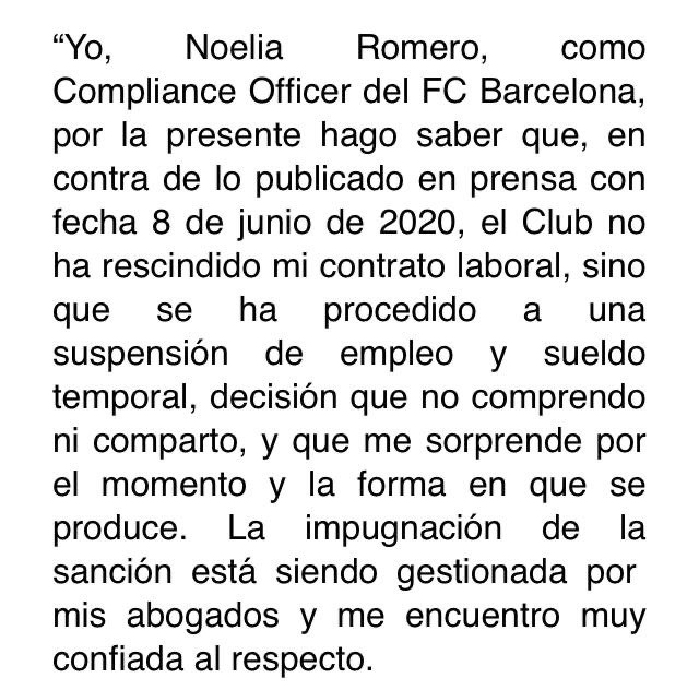 Comunicado de Noelia Romero en redes sociales / Twitter