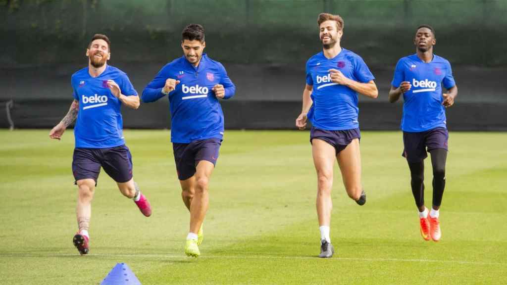 Messi, Suárez, Piqué en un entrenamiento del Barça / FC Barcelona