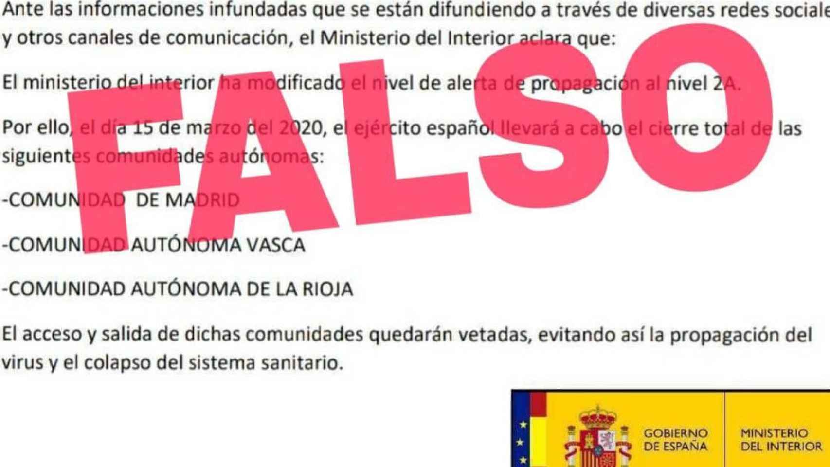 'Fakes' sobre el coronavirus para crear alarma / MINISTERIO DEL INTERIOR