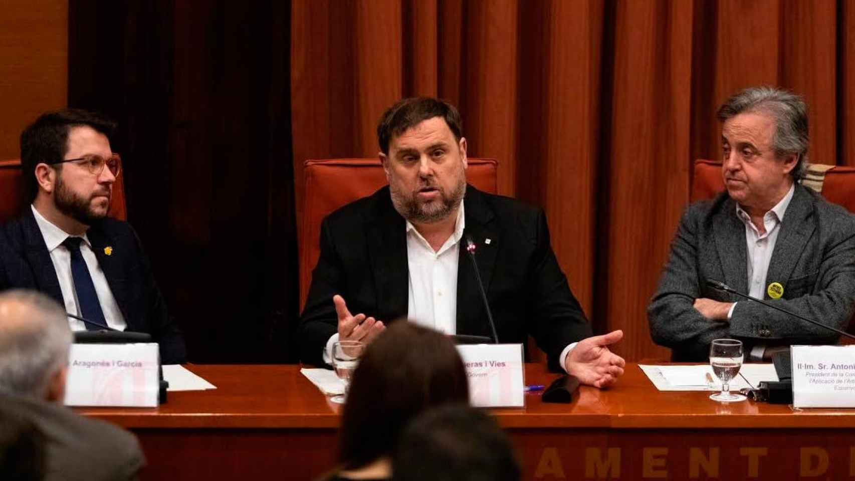 El exvicepresidente de la Generalitat, Oriol Junqueras, durante su intervención en la comisión del 155 en el Parlament / EP