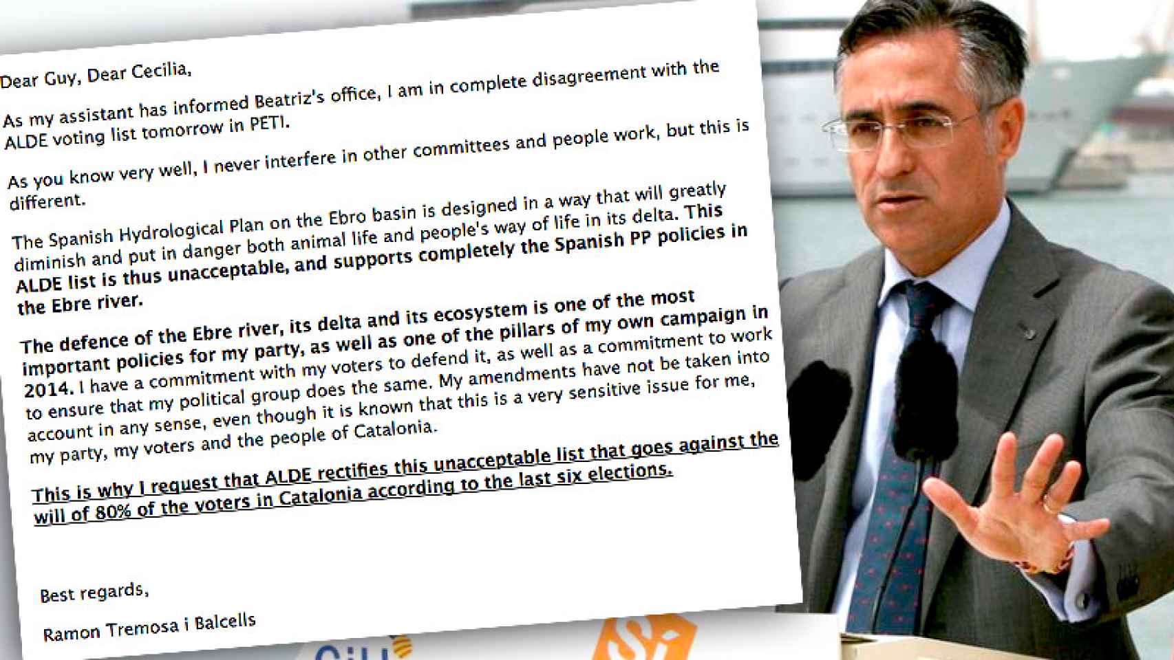 Email que Ramon Tremosa envió a Guy Verhofstadt y Cecilia Wikström (ALDE).