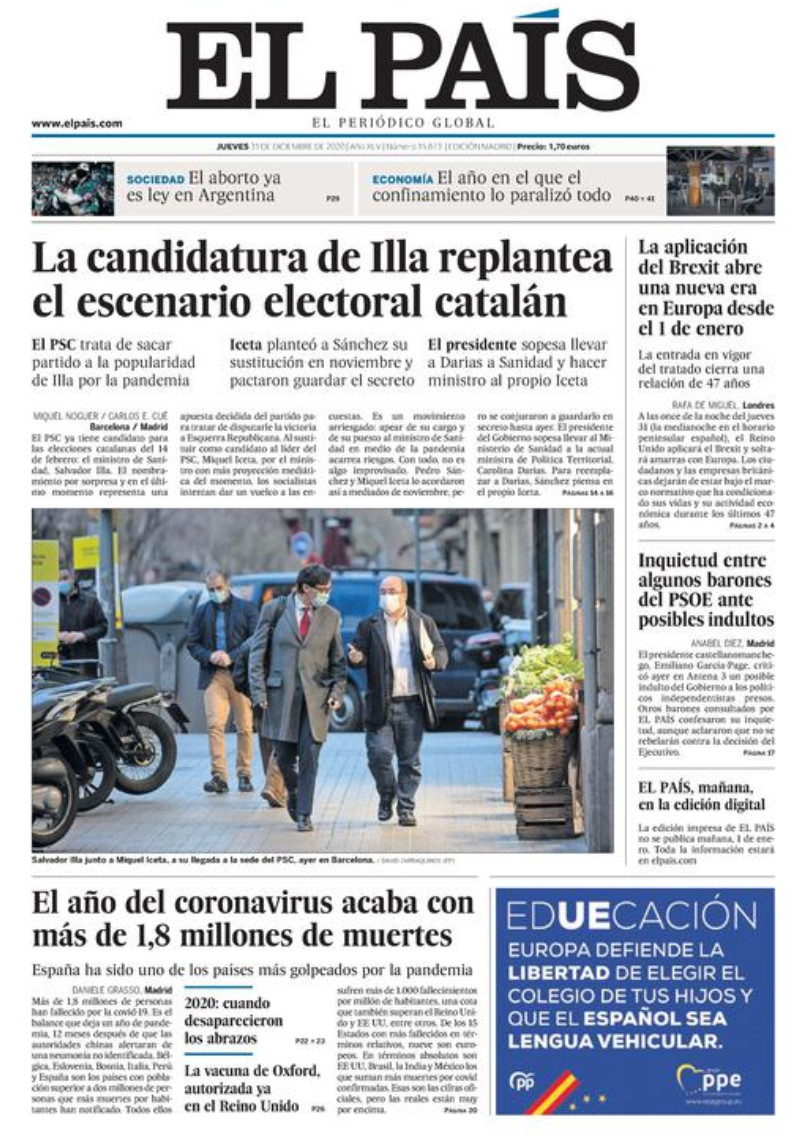 Portada de 'El País' del 31 de diciembre de 2020 / EL PAÍS
