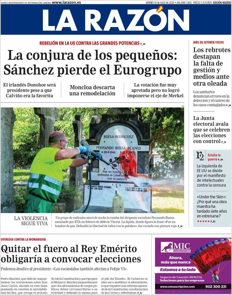 Portada de 'La Razón' el 10 de julio