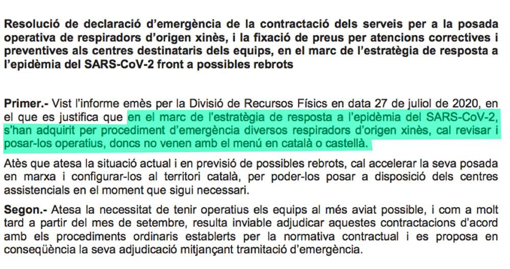 La justificación de contratación de una empresa externa porque CatSalut no sabe utilizar los respiradores comprados en China / CG