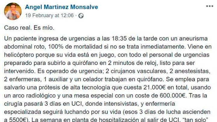 Texto del cirujano en Facebook