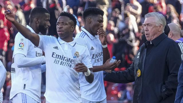 Vinicius Jr, junto a Carlo Ancelotti y algunos de sus compañeros en Son Moix / EFE