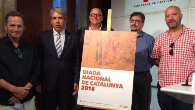 Franc Aleu, Francesc Homs, Lluís M Corominas, Albert Sánchez Piñol y Josep M Mestres, en la presentación de los actos institucionales de la Diada.