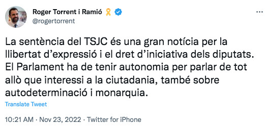 Roger Torrent celebra la decisión del TSJC / TWITTER