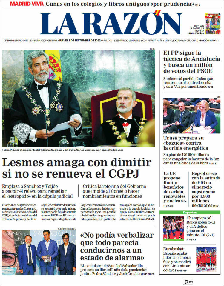 Portada de 'La Razón' del 8 de septiembre de 2022 / KIOSKO.NET