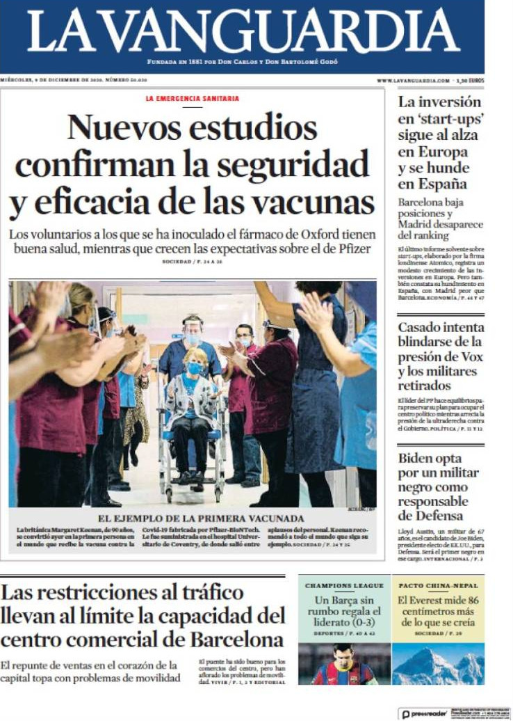 Portada de 'La Vanguardia' del 9 de diciembre de 2020 / KIOSKO.NET