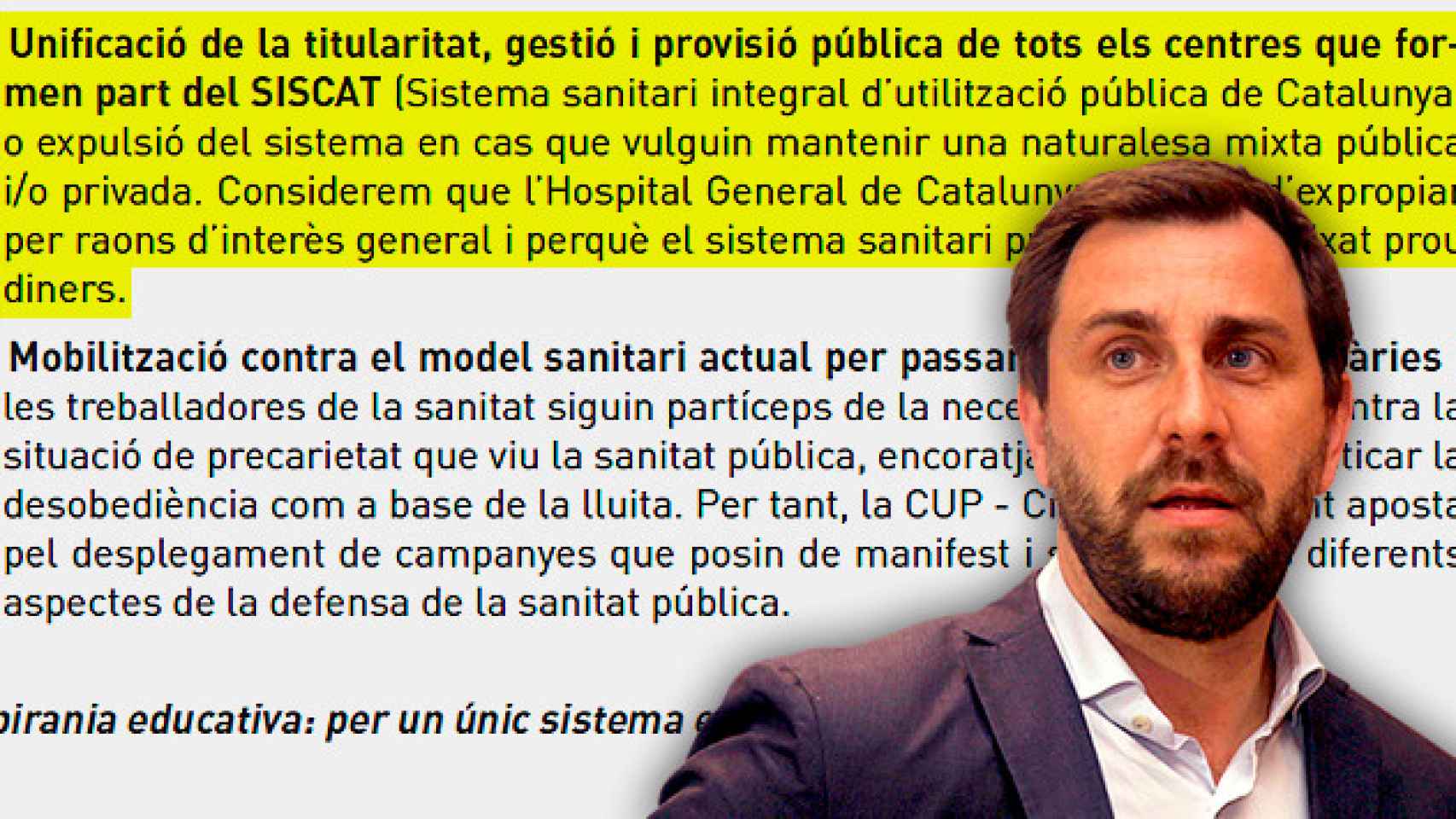 El exconsejero catalán de Salud, Toni Comín, y el extracto del programa electoral de la CUP, único partido que pide nacionalizaciones / CG