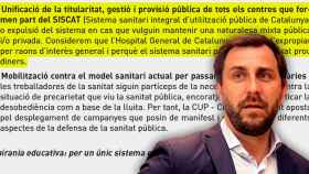 El exconsejero catalán de Salud, Toni Comín, y el extracto del programa electoral de la CUP, único partido que pide nacionalizaciones / CG