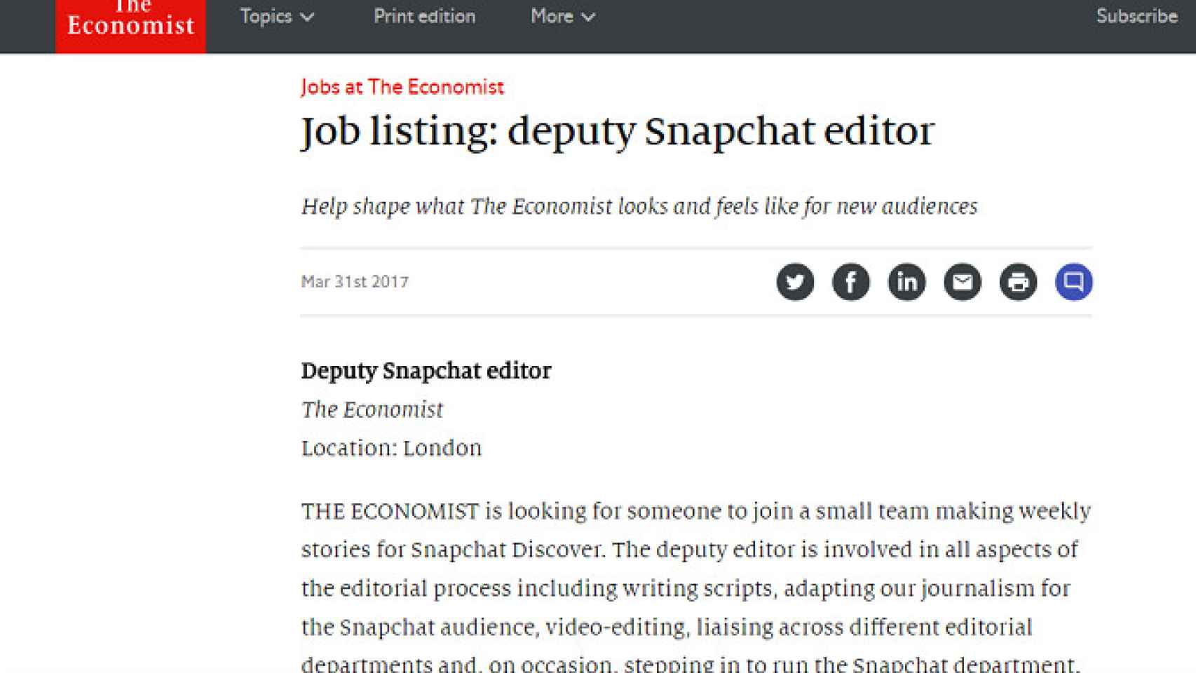 La oferta descrita en la web de 'The Economist', en la que buscan a un editor para Snapchat / CG