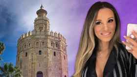 Raquel Mauri, mujer de Ivan Rakitic, ante una fotografía de la Torre del Oro de Sevilla / FOTOMONTAJE DE CULEMANÍA